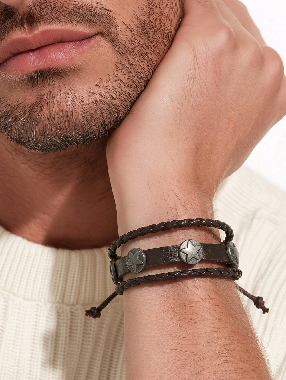 Men’s Leather Wrap Bracelet Brown Braided Multi Strand Star Stud Adjustable